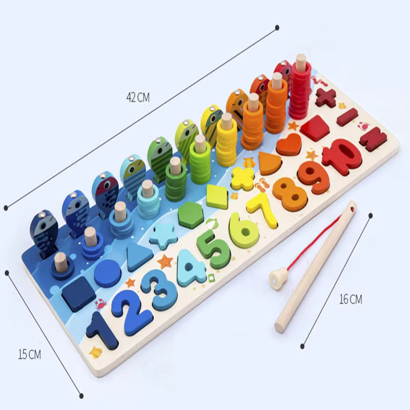 Montessori Wooden Math Learning Board – Educational Puzzle Toy for Toddlers & Elders | Number Counting, Shape Sorting, Magnetic Fishing Game