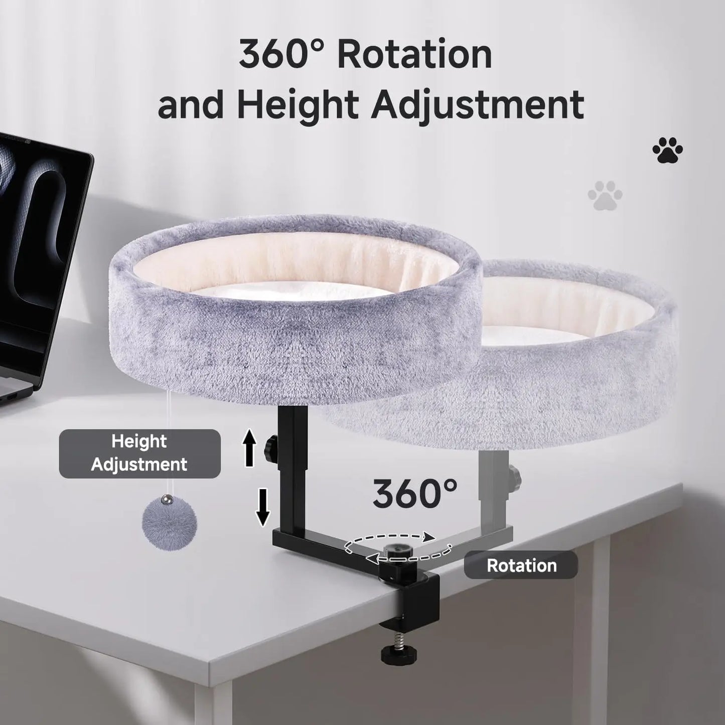 360° Rotating Adjustable Cat Desk Bed, Supports 44 lbs, Soft Faux Fur Mat for Office Desks and Game Tables