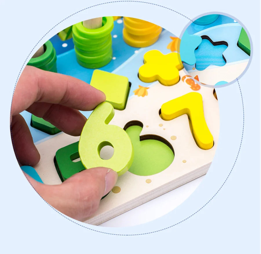 Montessori Wooden Math Learning Board – Educational Puzzle Toy for Toddlers & Elders | Number Counting, Shape Sorting, Magnetic Fishing Game