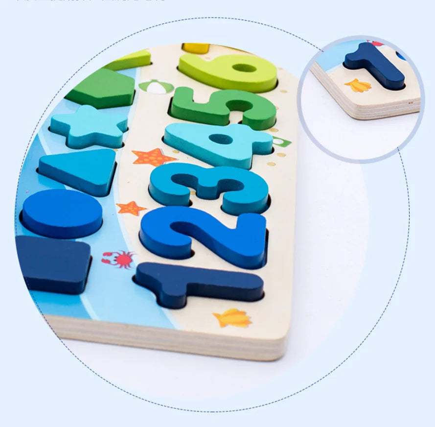 Montessori Wooden Math Learning Board – Educational Puzzle Toy for Toddlers & Elders | Number Counting, Shape Sorting, Magnetic Fishing Game