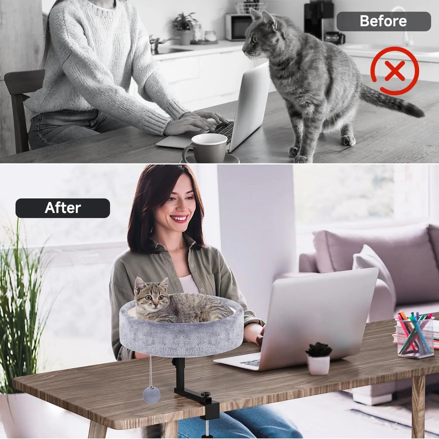 360° Rotating Adjustable Cat Desk Bed, Supports 44 lbs, Soft Faux Fur Mat for Office Desks and Game Tables