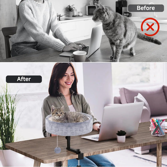 360° Rotating Adjustable Cat Desk Bed, Supports 44 lbs, Soft Faux Fur Mat for Office Desks and Game Tables
